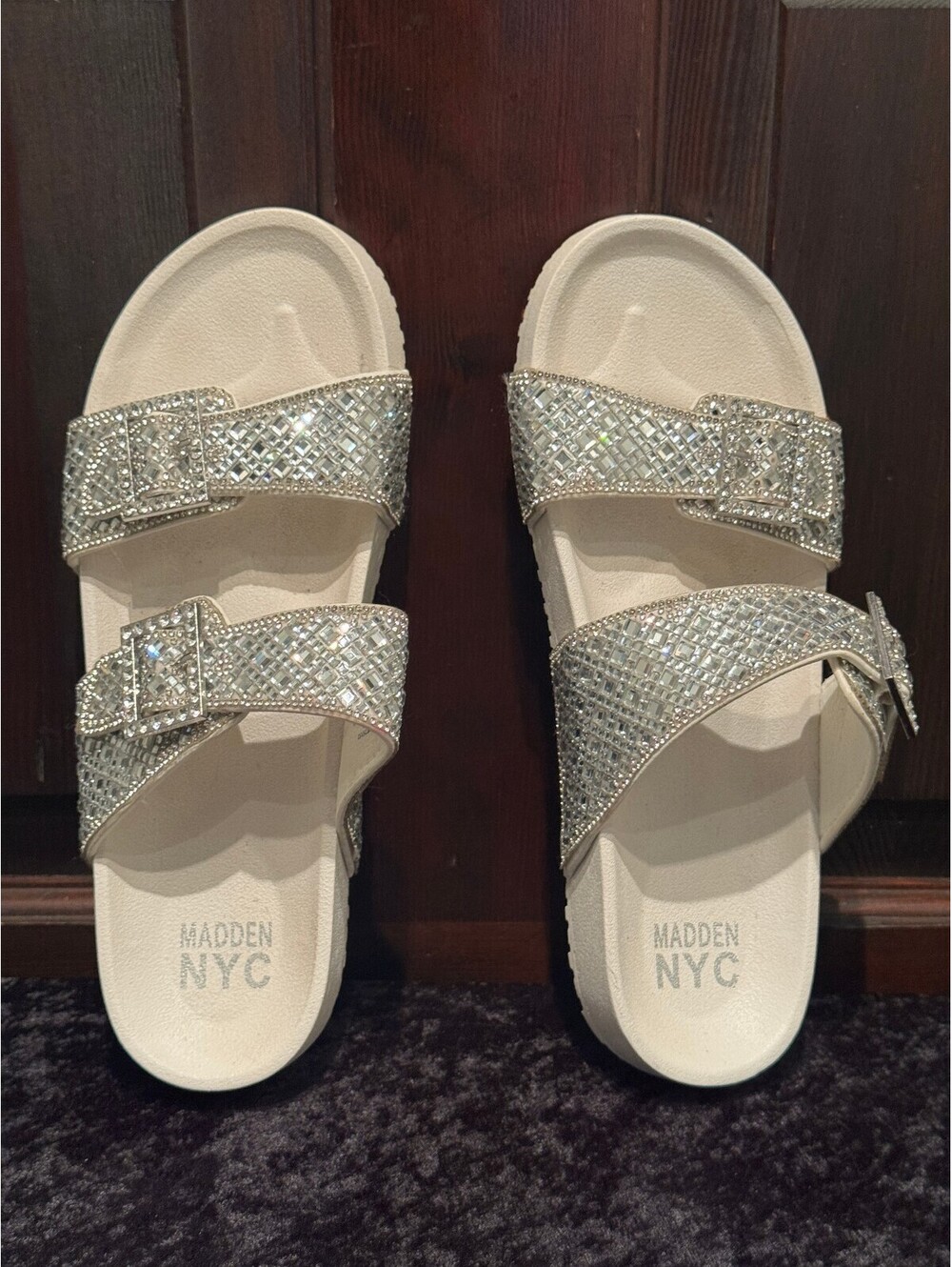 Madden NYC Silver Rhinestone Buckle Slide Sandals 9 1/2